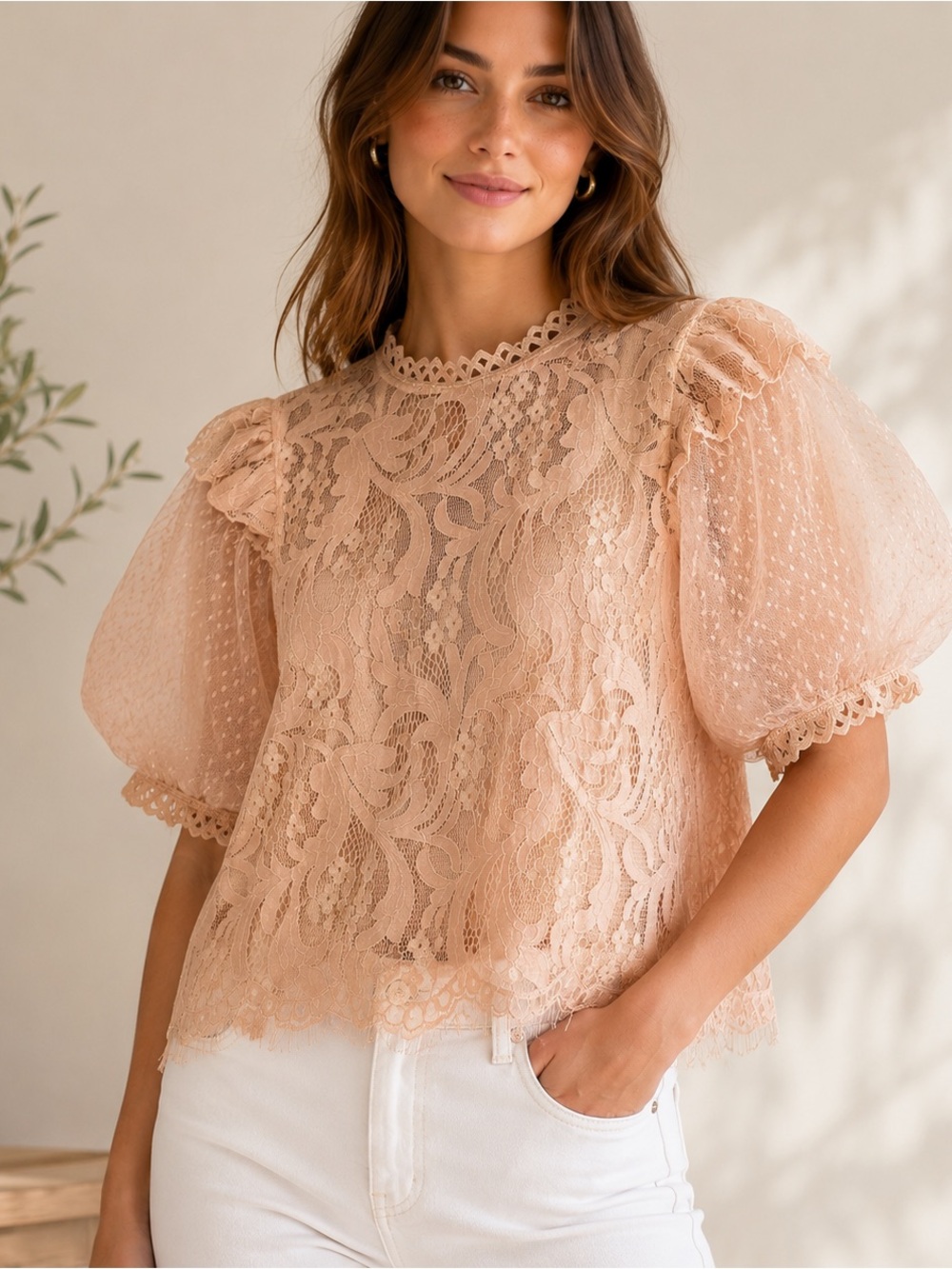Peach Cynthia Lace Mock Neck Balloon Sleeve Blouse - Size Medium Cottagecore